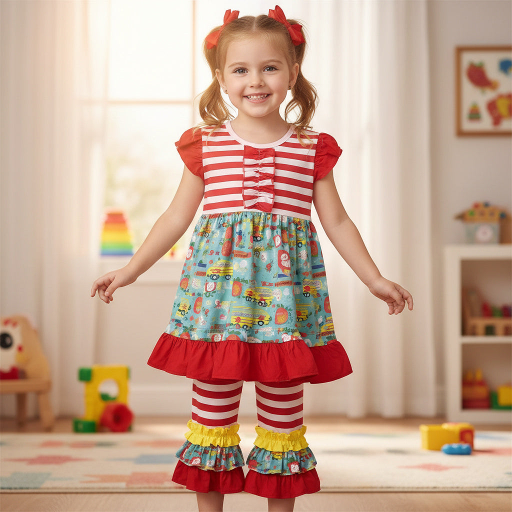 Red & White Striped School Bus Ruffle Top Fun