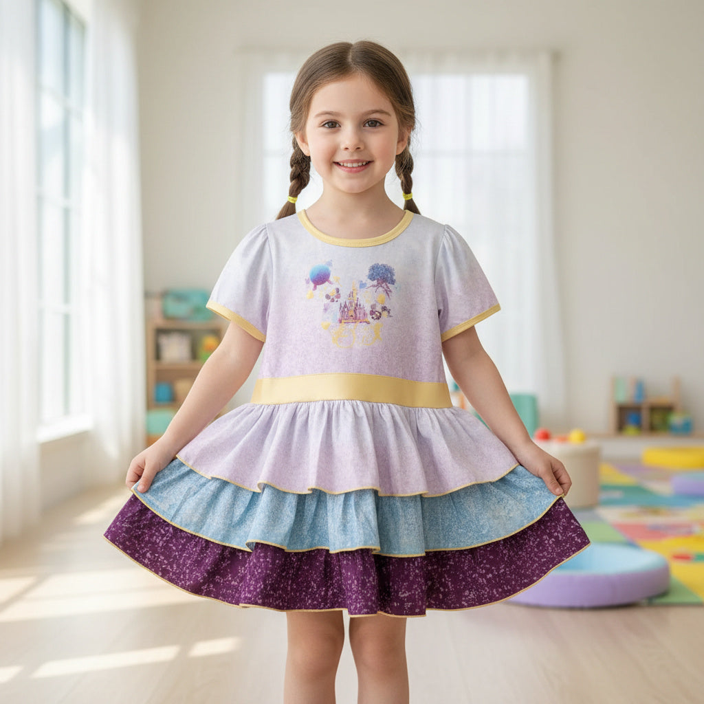 Girls' Pastel Tiered Dress with Castle - Lavender, Blue