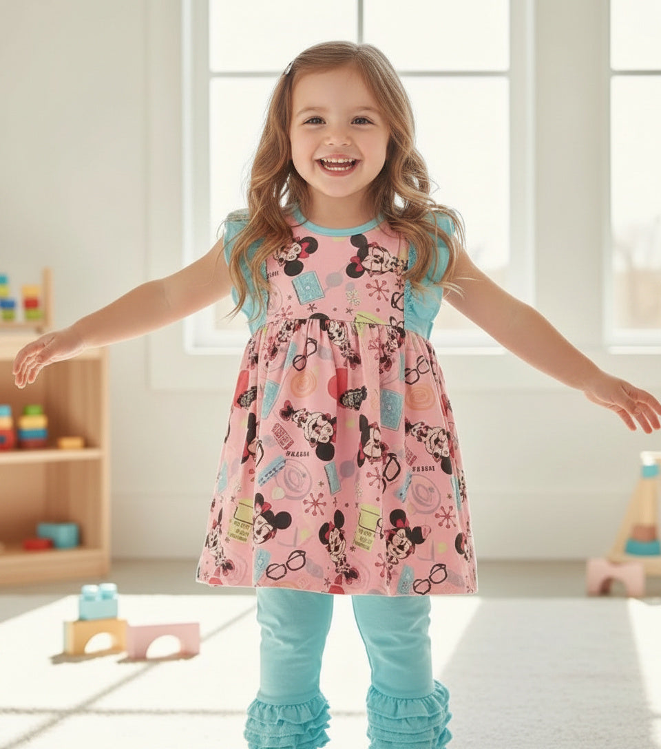Pink Minnie Mouse Print Dress & Aqua Ruffle Leggings Set