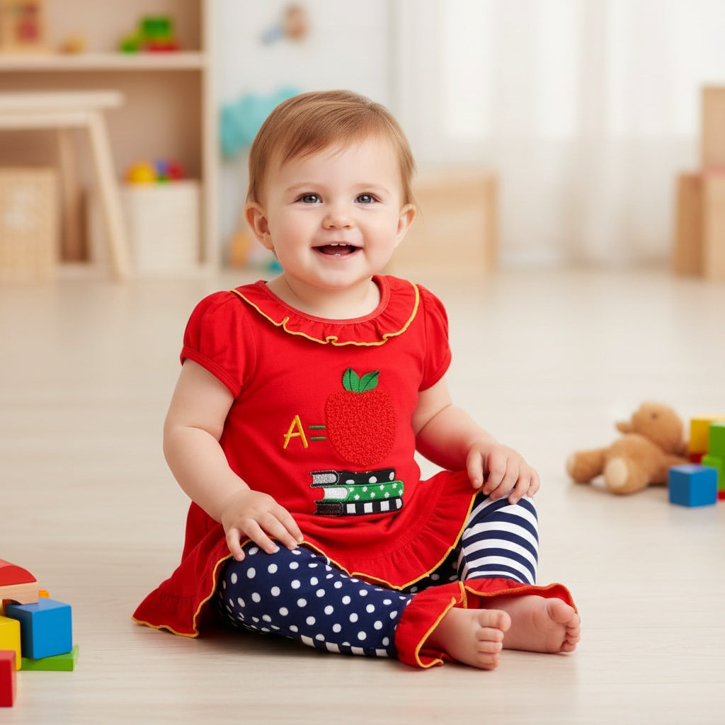 Red Apple Ruffle Top with Navy Polka Dot & Stripe Two-Piece Set
