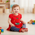 Red Apple Ruffle Top with Navy Polka Dot & Stripe Two-Piece Set