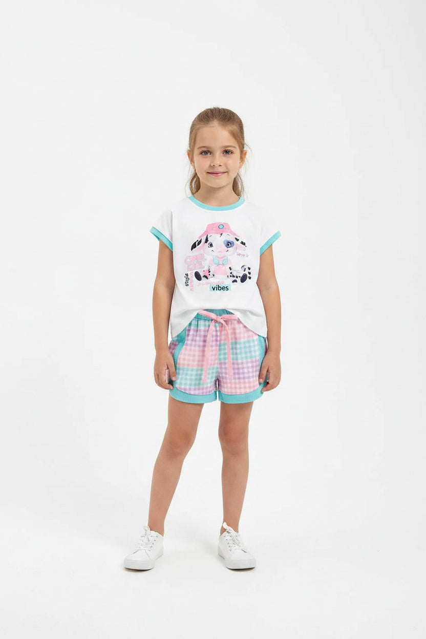 Cow Two Piece Set White Short Sleeve Tee & Gingham Printed Shorts
