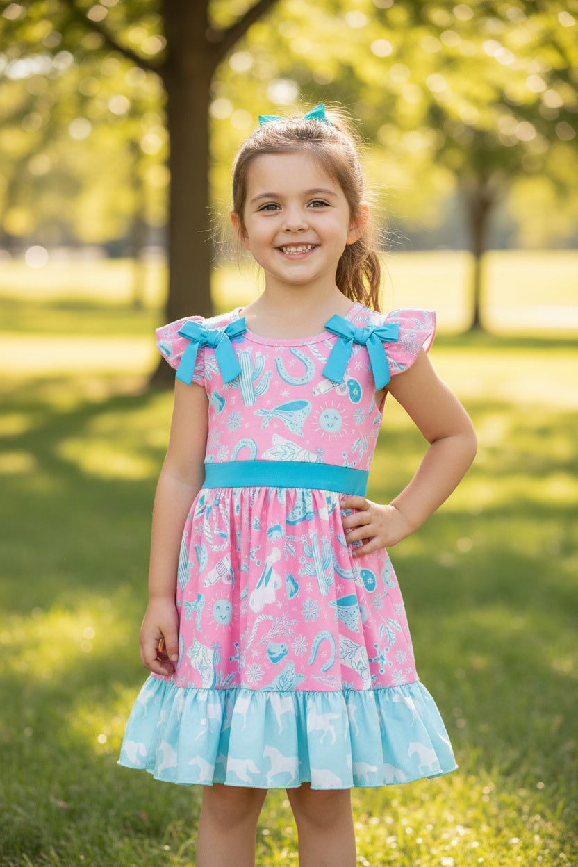 Adorable Turquoise & Blue Western Printed Girls