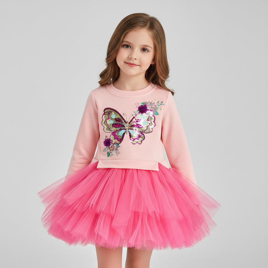 3T Sequined Butterfly Cotton Dress With Irregular Mesh