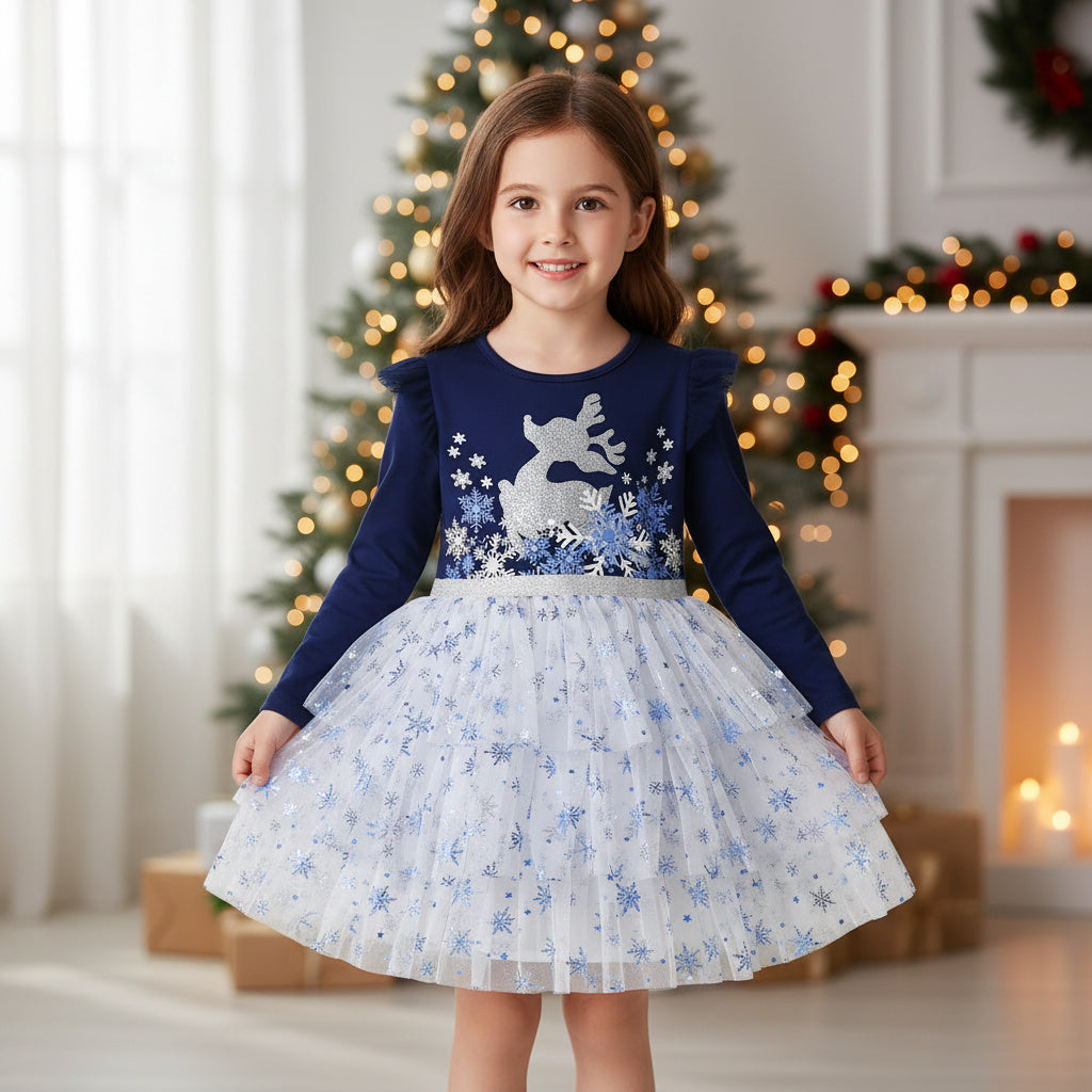 Snowflake Winter Girls Princess Cotton Dress for Festivities
