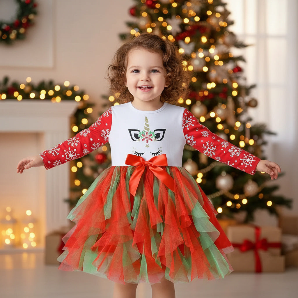Christmas Snowflake Cotton Mesh Long Sleeve Dress
