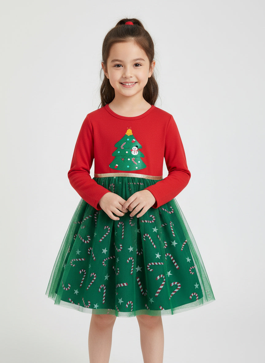 Size 7 Big Girls Christmas Tree Long Sleeve Dress