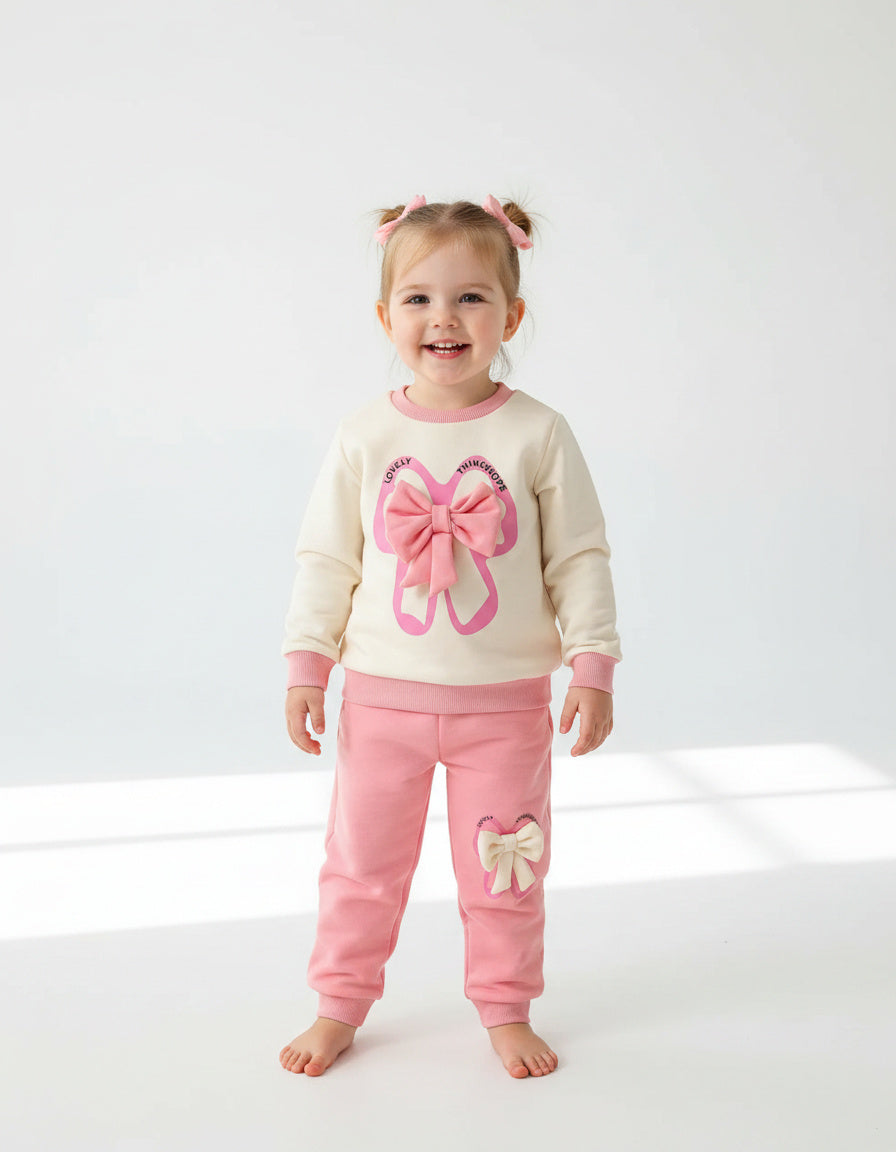 Adorable 3D Bow Long Sleeve Shirt And Pants Outfit