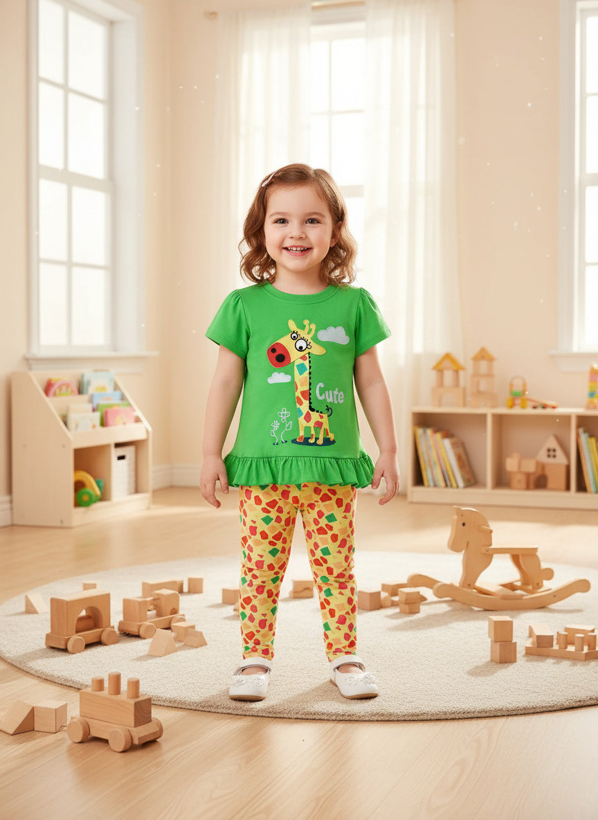 Cute Giraffe Print Two-Piece Cotton Outfit for Kids