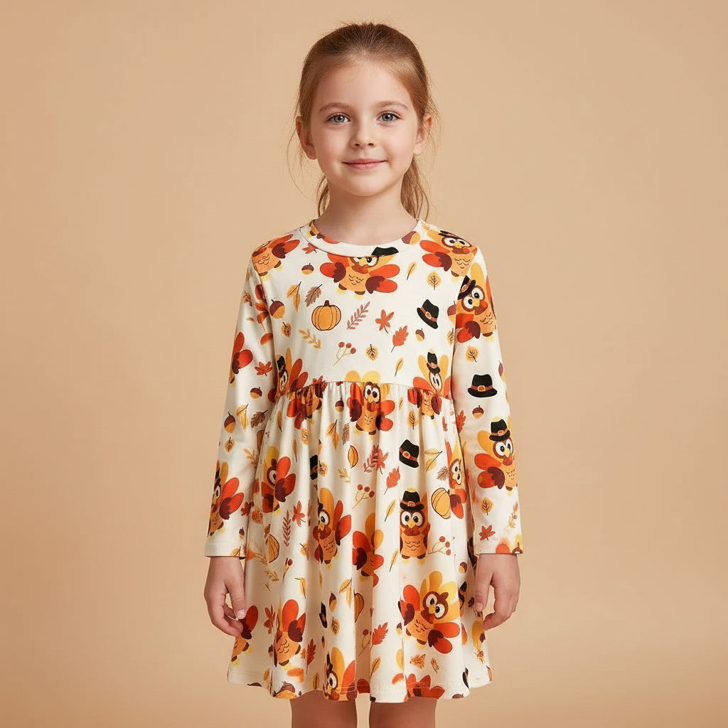 A young girl with light brown hair tied back wears a long-sleeve white dress decorated with a colorful autumn pattern of pumpkins, owls, leaves, and flowers. She is standing against a solid beige background.