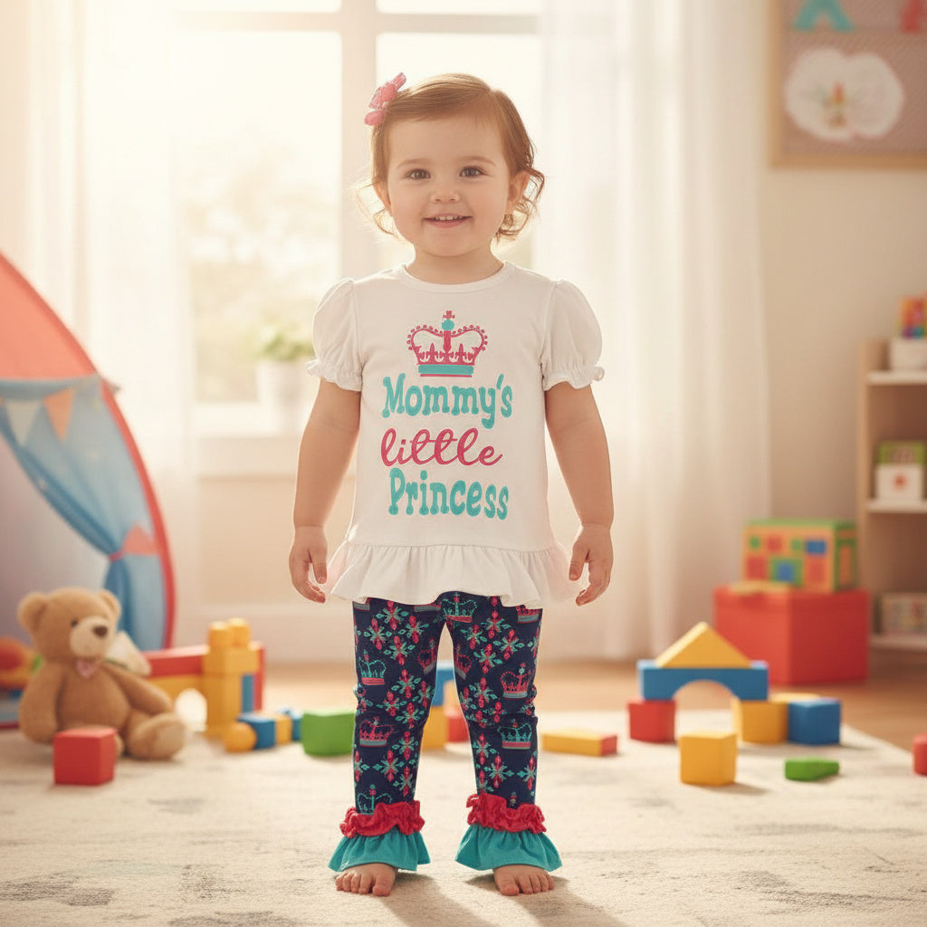 A toddler stands barefoot in a bright children's room wearing a white short-sleeve ruffled top with the words 'Mommy's little Princess' and dark blue patterned leggings with turquoise and pink ruffled cuffs.