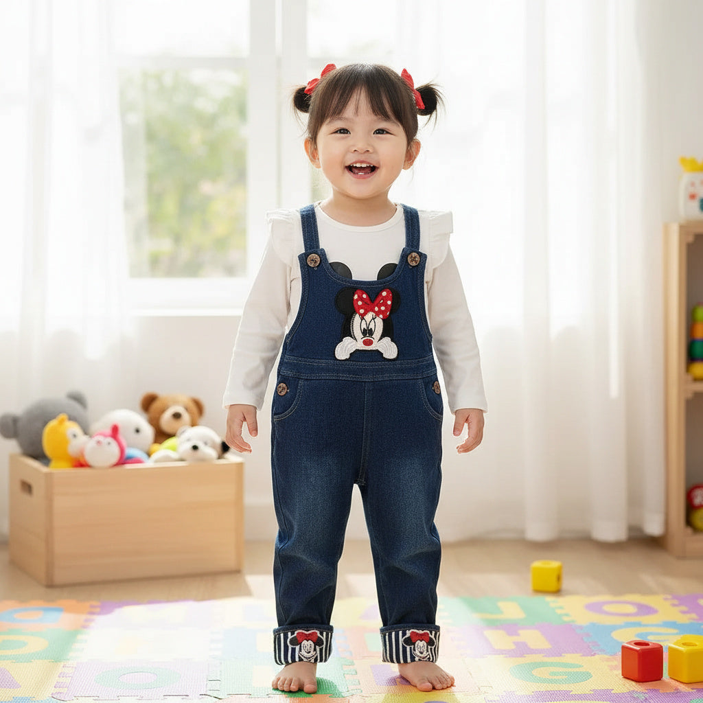 A young toddler stands barefoot in a bright playroom, wearing blue denim overalls with a Minnie Mouse graphic on the chest over a white long-sleeve shirt. The overalls feature striped ankle cuffs with cartoon details.
