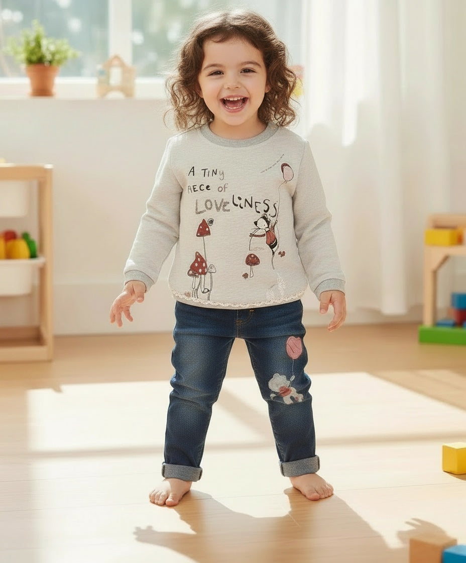 A toddler girl stands barefoot in a bright playroom, wearing a light gray long-sleeve graphic shirt with a cartoon character and the words 'A TINY piece of LOVElessness' paired with dark blue jeans with a pink patch on the knee.