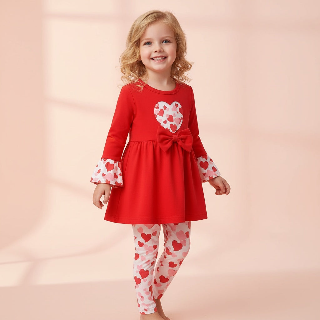 A young girl with blonde hair smiling, wearing a red long-sleeve dress with a white heart pattern on the chest and cuffs, paired with matching red and white heart-patterned leggings, set against a soft peach studio background.