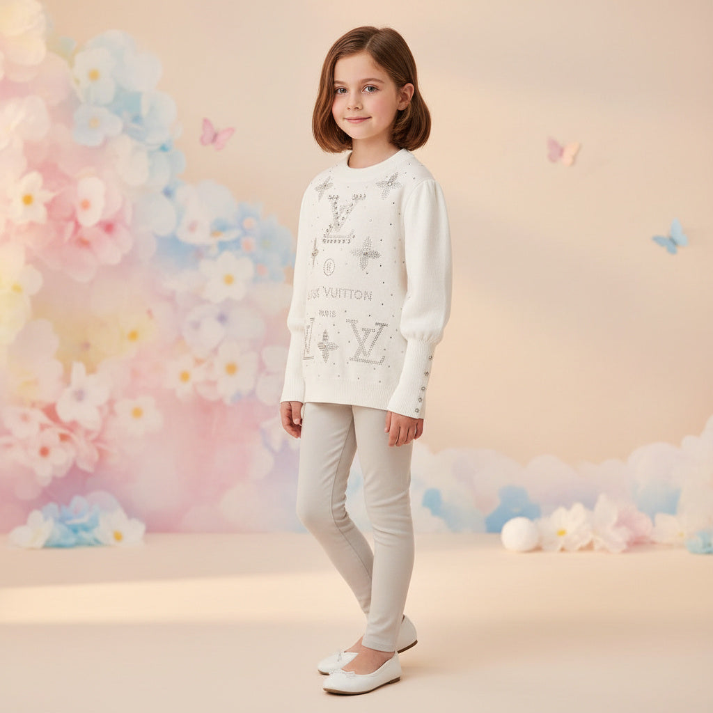 LV Cotton Rhinestone White Cotton Long Sleeve Sweater