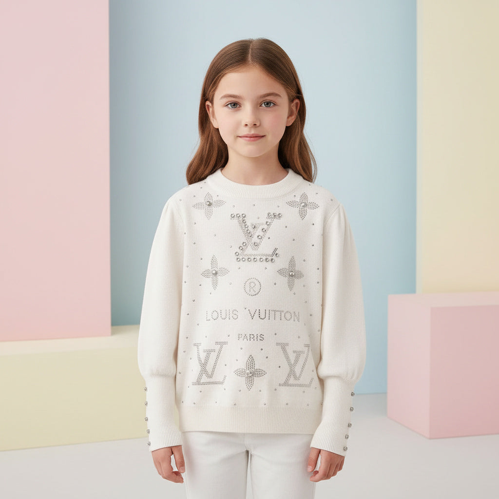 LV Cotton Rhinestone White Cotton Long Sleeve Sweater