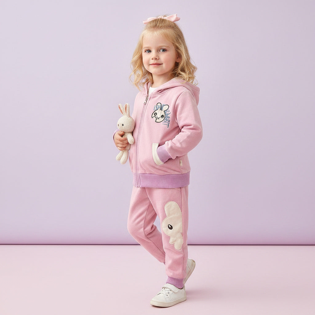 A young girl with blonde hair wearing a pink two-piece tracksuit with bunny patches and a cartoon bunny graphic on the chest, holding a plush bunny toy against a pastel lavender studio background.