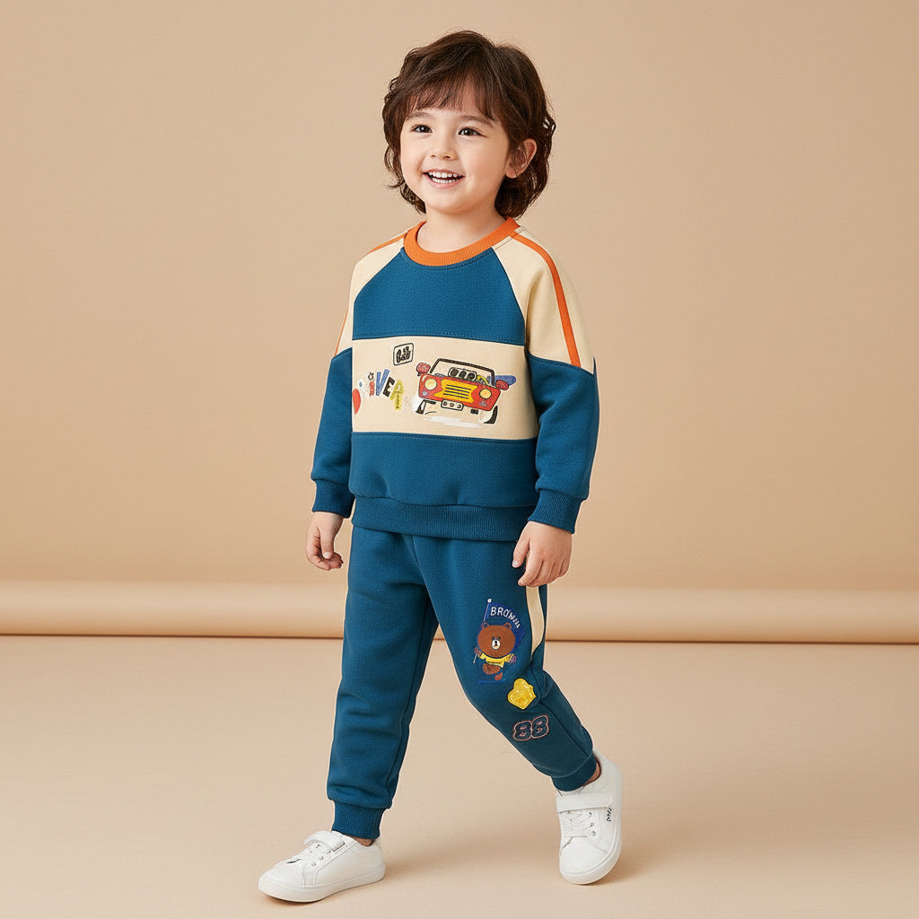 Blue and Cream Color Block Cotton Sweatshirt and Joggers Set with Cartoon Car and Bear 
