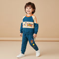Blue and Cream Color Block Cotton Sweatshirt and Joggers Set with Cartoon Car and Bear 
