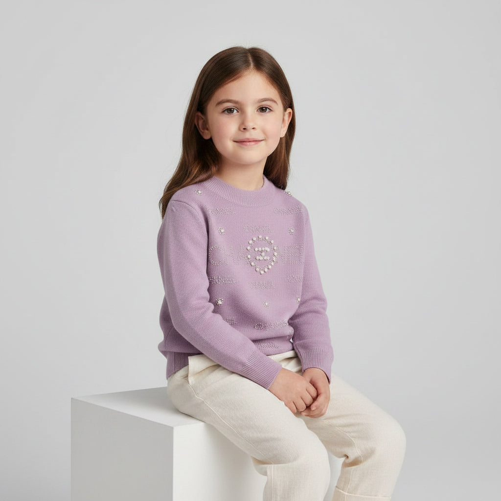 A young girl with long brown hair sits on a white block, wearing a lavender crewneck sweater with a pearl-embellished 'S' logo on the chest and cream-colored pants, against a light gray studio background.