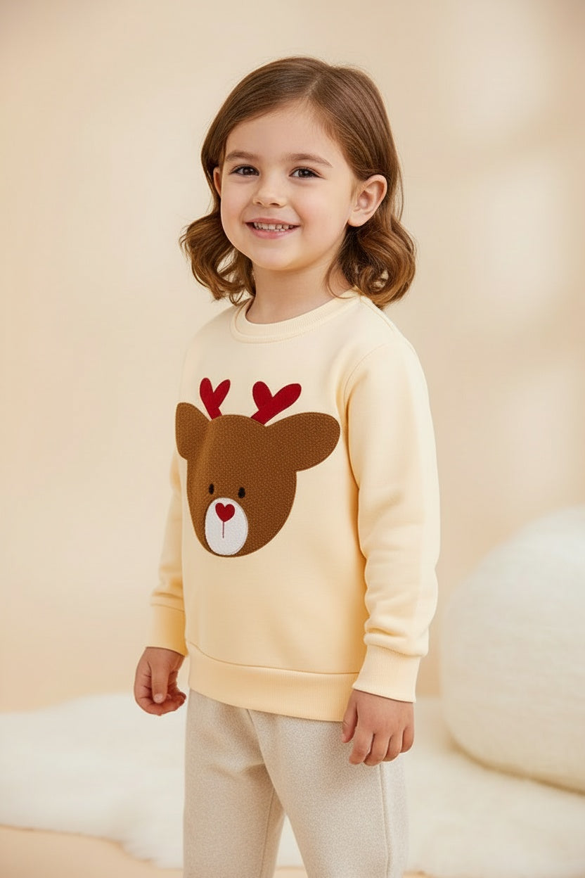 Deer Applique" Ivory Cotton Sweatshirt