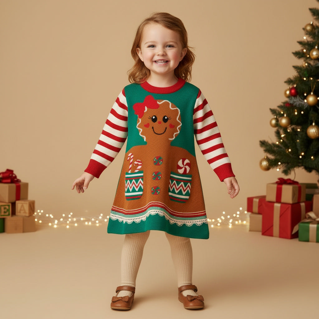 Gingerbread Girl Sweater Dress with Red & White Striped Sleeves and Candy Cane and Peppermint Graphics