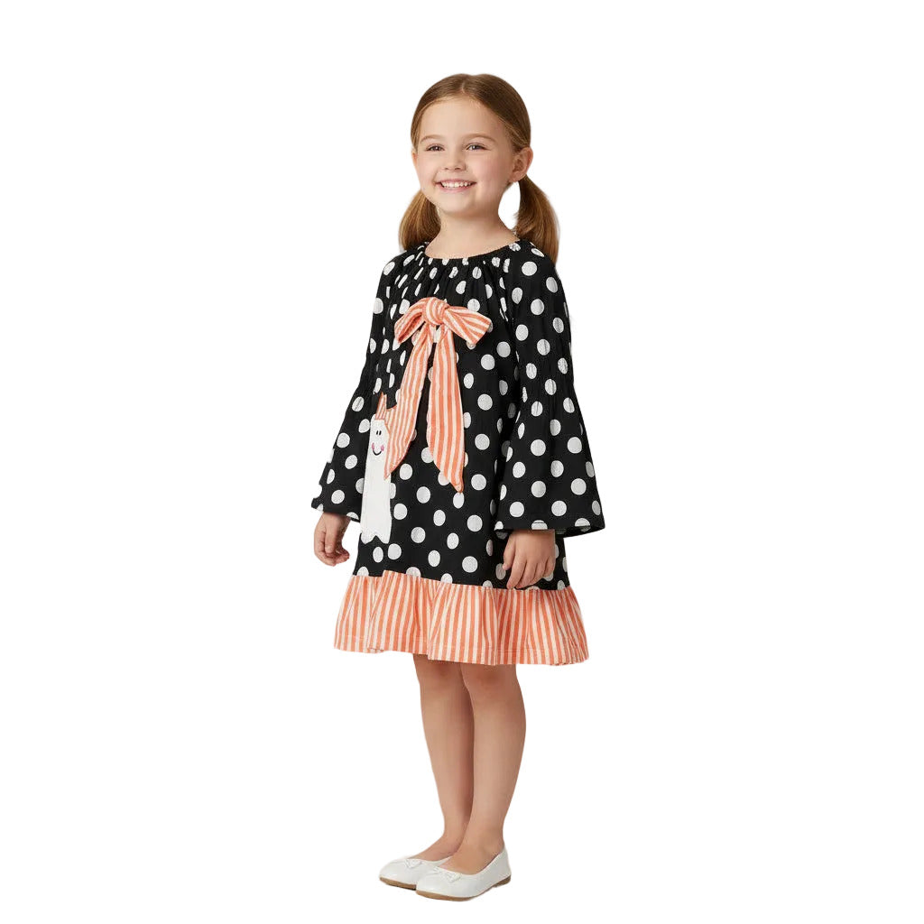 Black & White Polka Dot Cotton Dress With Orange Striped Bow and Ghost