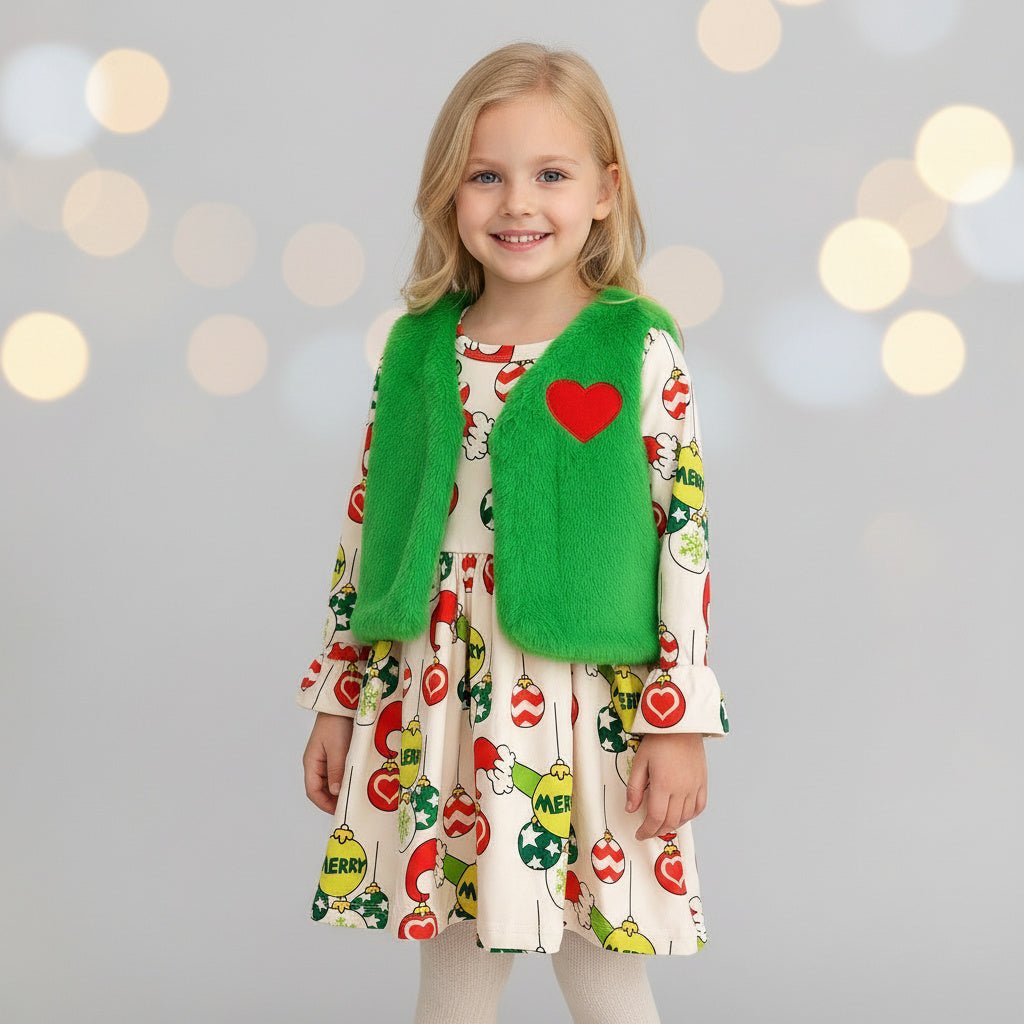 Christmas Grinch Long Sleeve Dress with Fur Vest & Heart