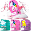 Unicorn-themed bubble bath packaging with colorful labels and water splashes on a white background.