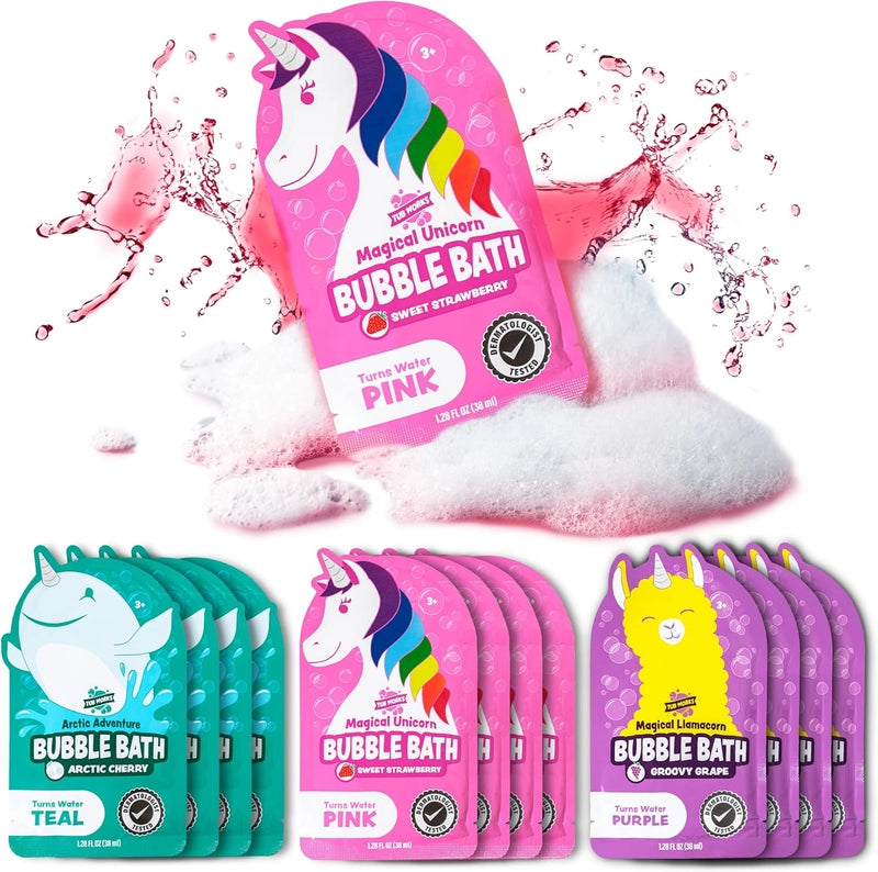 Unicorn-themed bubble bath packaging with colorful labels and water splashes on a white background.