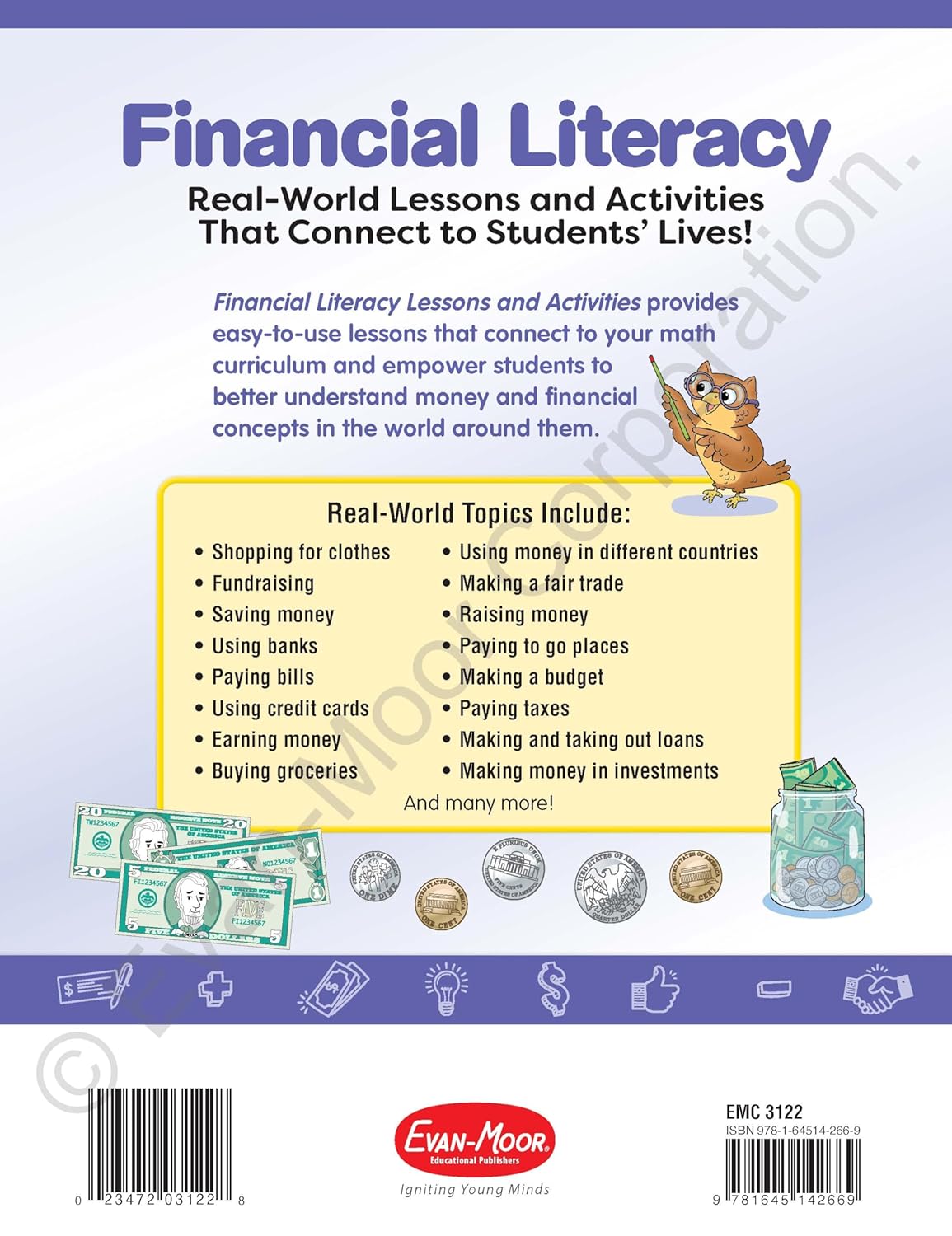 Back cover of a book titled 'Financial Literacy' by Evan-Moor with educational content and illustrations.