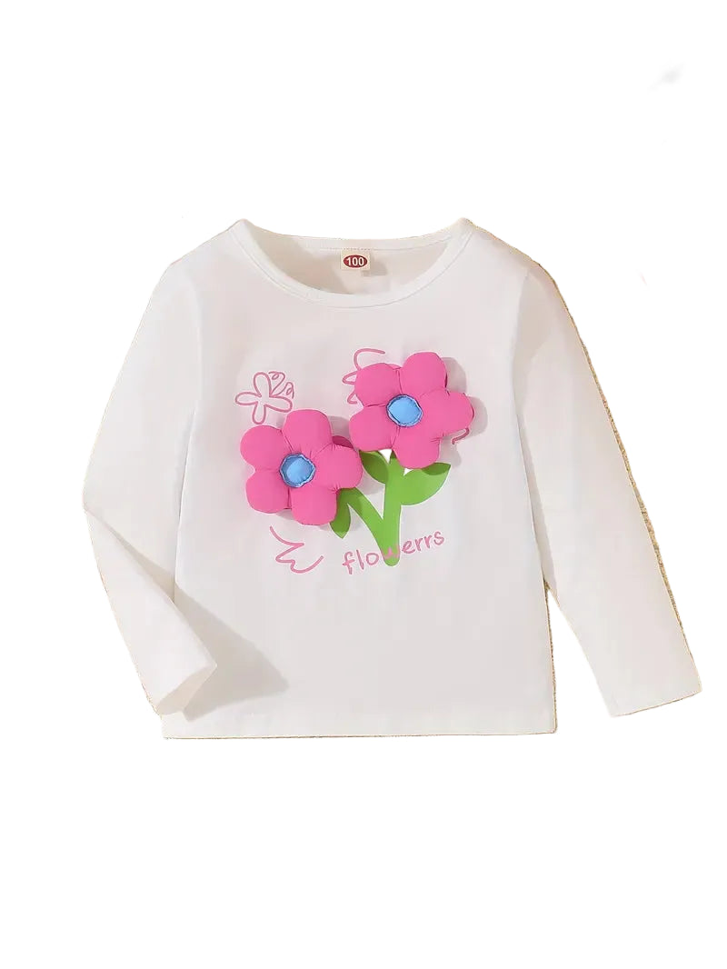 Cotton T-Shirt For Girls With 3D Flower Print - Fun