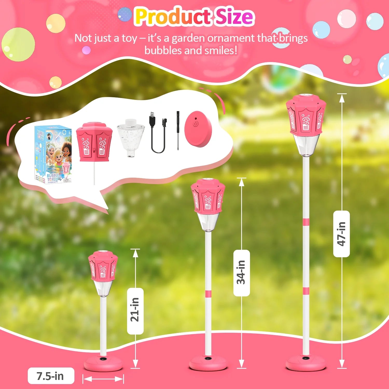 Garden ornament with bubble-making feature, packaging, and dimensions on a green background.