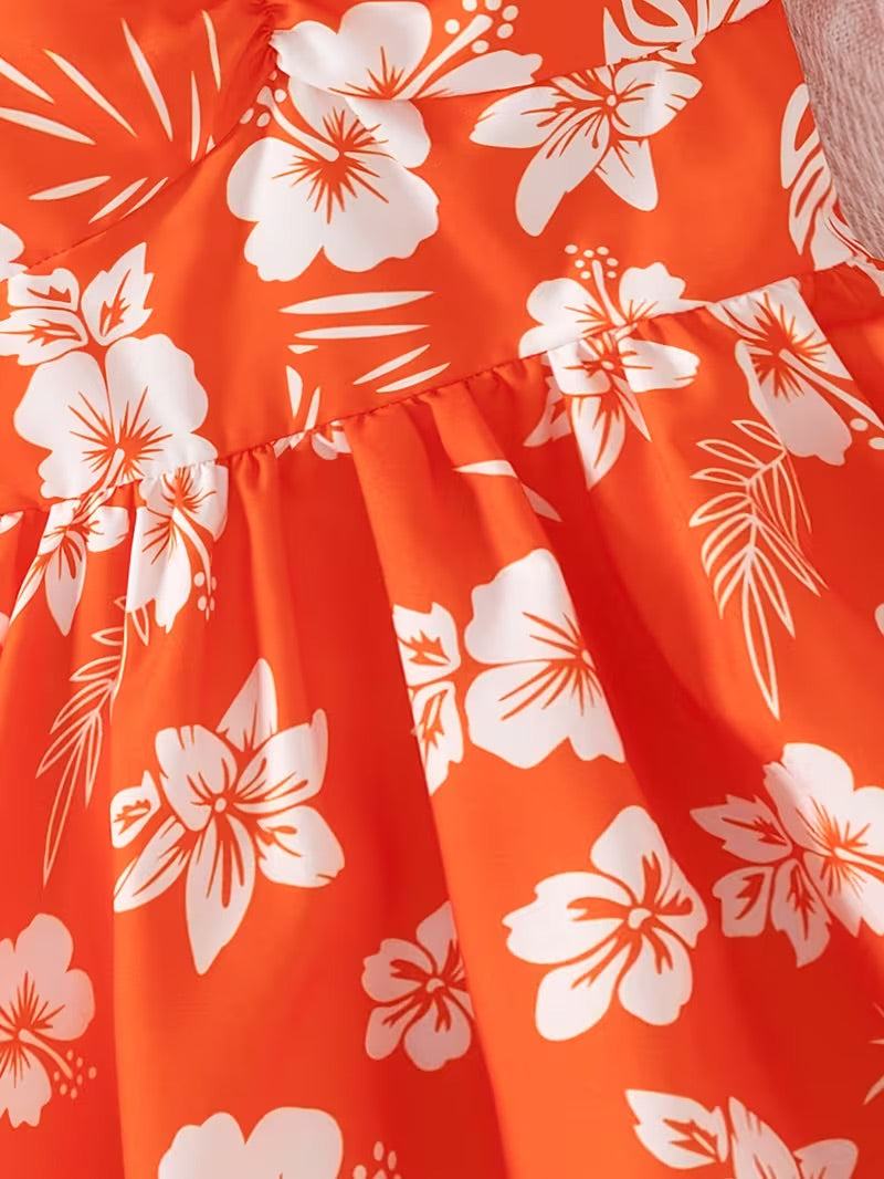 Summer Lantern Sleeve Small Flowers Orange Fashion Dress
