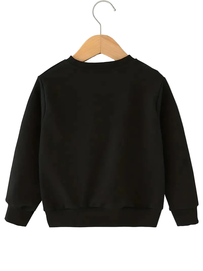 Black sweatshirt on a wooden hanger against a white background