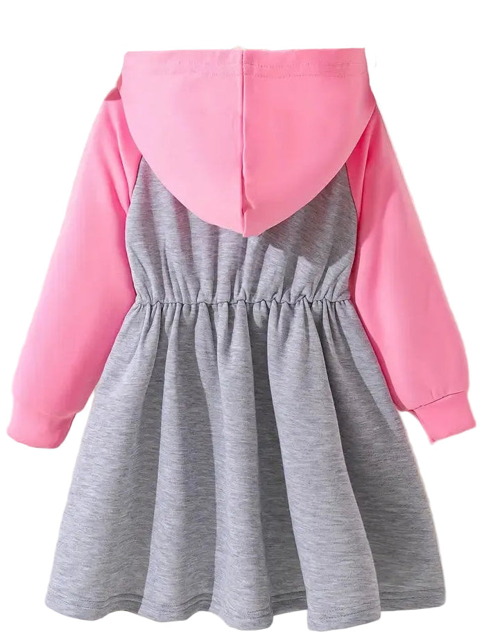 Pink hoodie with a gray dress underneath on a white background