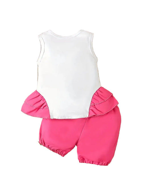 White sleeveless top and pink shorts on a white background