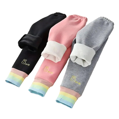Three pairs of baby leggings in black, pink, and gray with rainbow cuffs on a white background.