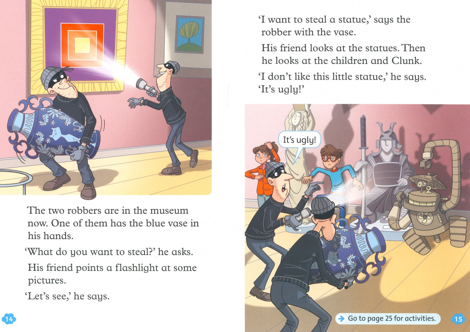 Illustrated book page with robbers in a museum and children reacting to statues.