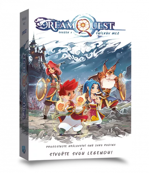 Board game box titled 'Dream Quest' with characters and fantasy elements on a white background