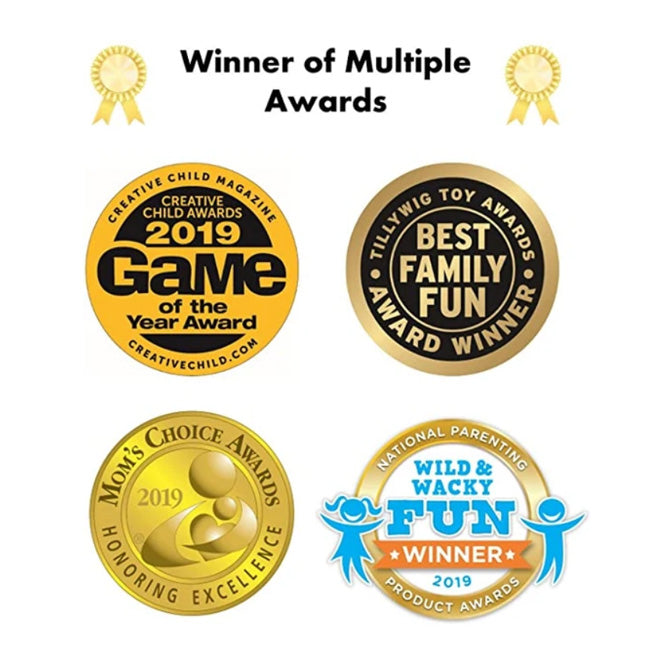 Four awards with text indicating various accolades on a white background