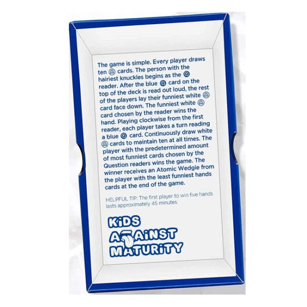 Card game packaging with text and 'Kids Against Maturity' branding.