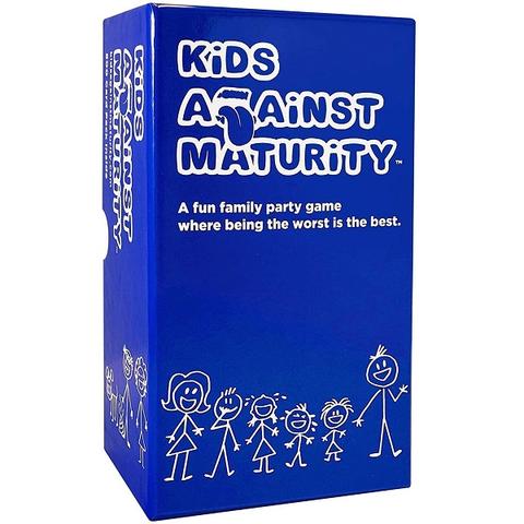 Blue box of 'Kids Against Maturity' game with white text and stick figure illustrations.