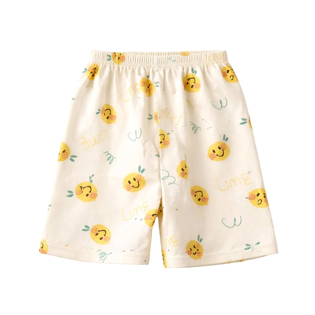 Shorts with smiley face pattern on a light gray background