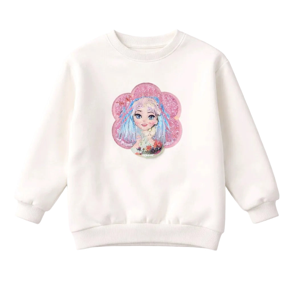 White sweatshirt with a colorful character design on a light gray background