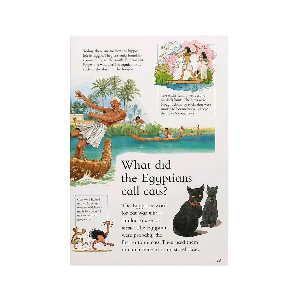 A vintage children's educational poster about ancient Egyptians, featuring colorful illustrations, text, and black-and-white cat photographs on a white background.