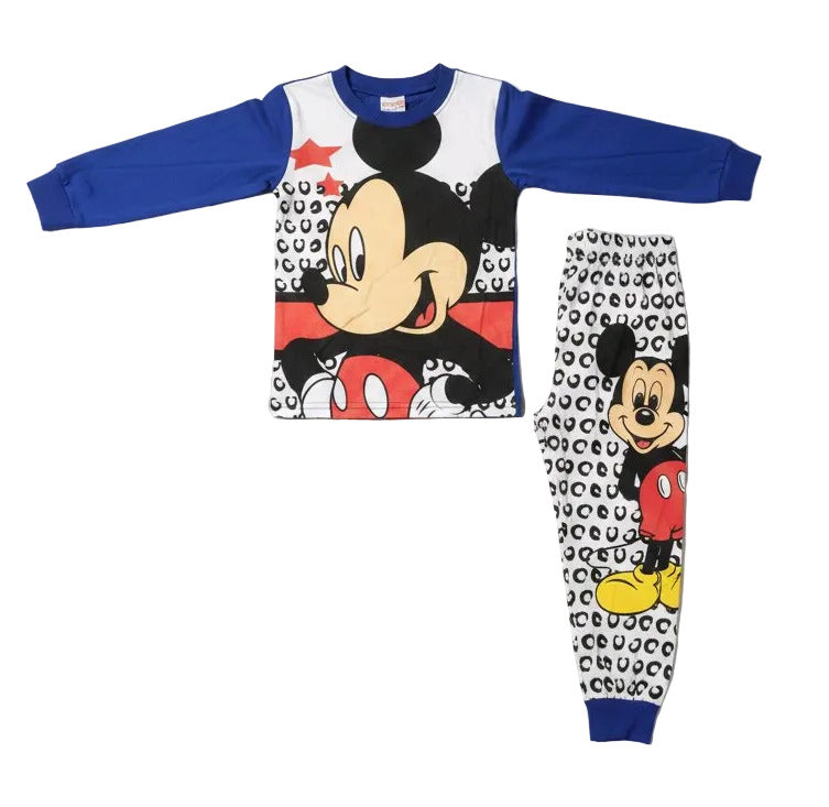 Children's pajama set with Mickey Mouse design on a light gray background