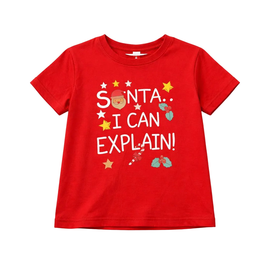 Red t-shirt with 'Santa, I can explain!' text and graphics on a white background