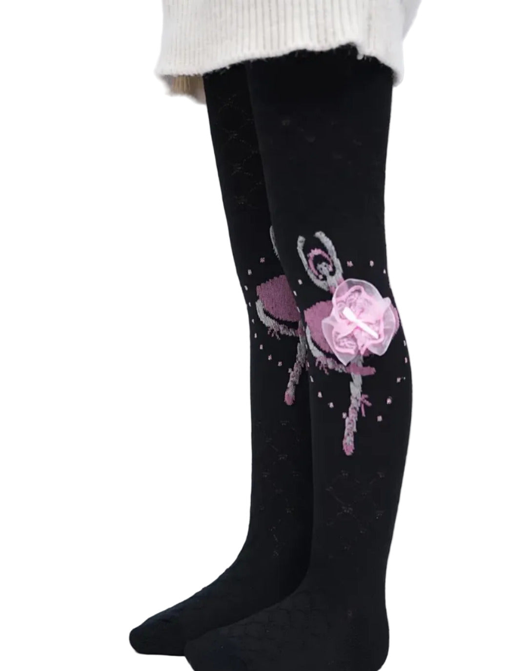 Black knee-high socks with a pink rose design on a white background