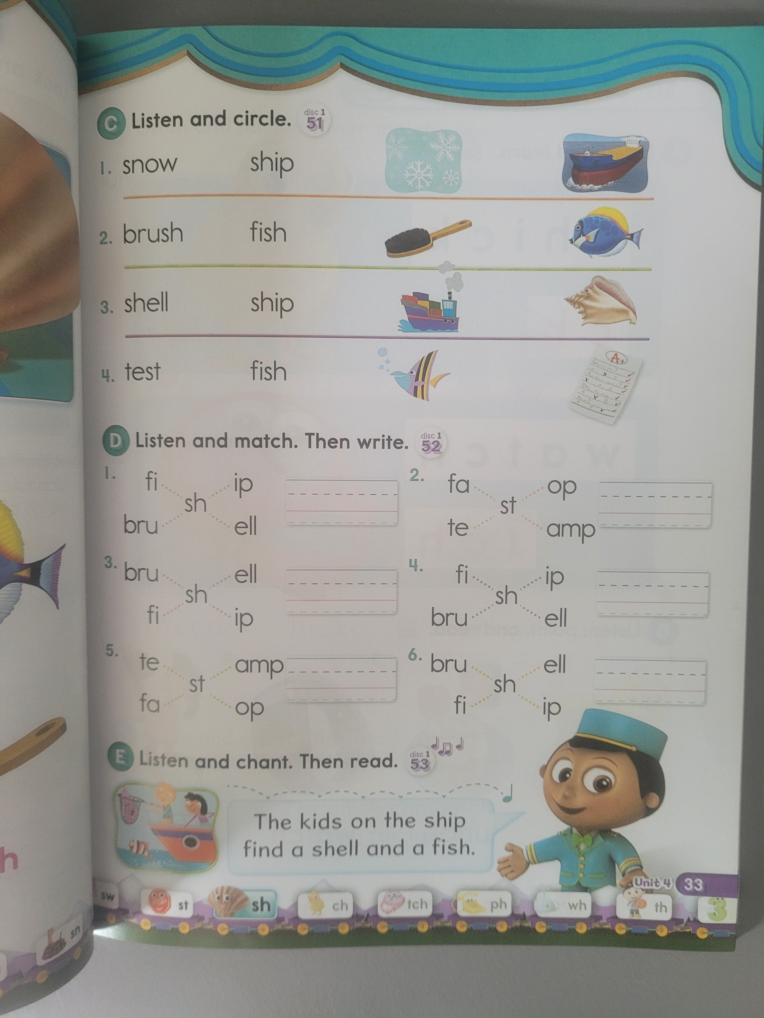 Educational book page with vocabulary exercises and illustrations of a ship, fish, and shell.